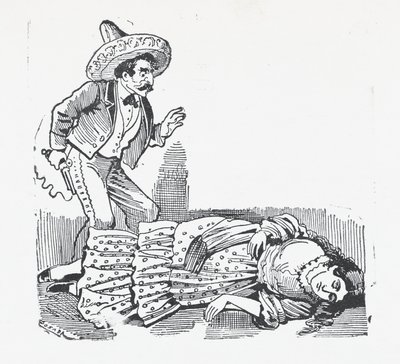Mężczyzna z pistoletem stojący nad kobietą, którą właśnie zastrzelił, ok. 1880-1910., ca. 1880-1910. autorstwa José Guadalupe Posada