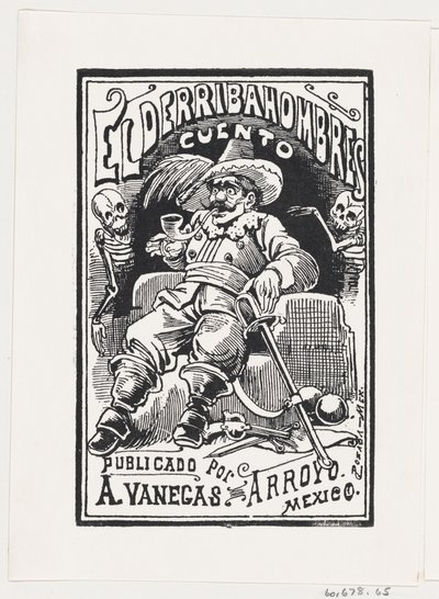Mężczyzna z bronią i fajką w ustach, po bokach dwa szkielety, ilustracja..., ca. 1880-1910. autorstwa José Guadalupe Posada