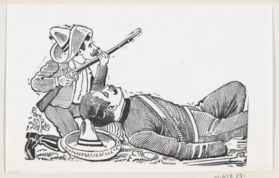Rewolucjonista trzymający strzelbę i klęczący w obronie poległego rewolucjonisty, ok..., ca. 1880-1910. autorstwa José Guadalupe Posada