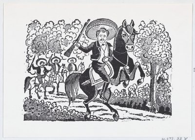 Rewolucyjny żołnierz na koniu z karabinem Heraclio Bernal, ca. 1880-1910., ca. 1880-1910. autorstwa José Guadalupe Posada
