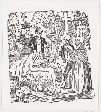 Szkielet przykryty prześcieradłem płaczący na cmentarzu, z burty zatytułowanej „…, ca. 1880-1910. autorstwa José Guadalupe Posada