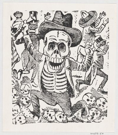 Szkielet trzymający kość i przeskakujący stos czaszek, podczas gdy ludzie uciekają, fr..., ok. godz. 1907. autorstwa José Guadalupe Posada