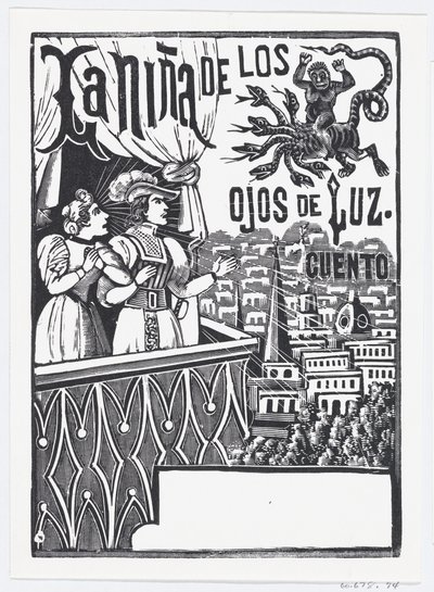 Kobieta i mężczyzna stojący na balkonie patrzący w górę na lecącego potwora na niebie..., ca. 1880-1910. autorstwa José Guadalupe Posada