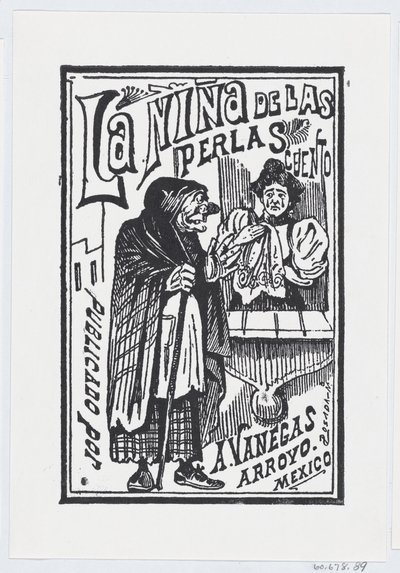Płacząca kobieta z chusteczką w dłoni rozmawiająca ze starą wiedźmą, ilustracja..., ca. 1880-1910. autorstwa José Guadalupe Posada