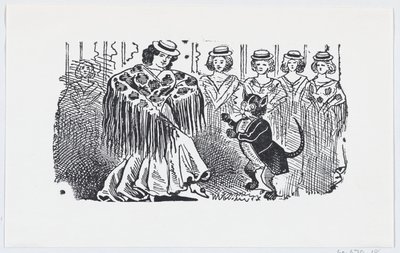 Kobieta tańcząca z kotem w garniturze, ca. 1880-1910., ca. 1880-1910. autorstwa José Guadalupe Posada