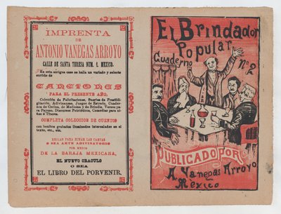 Okładka do „El Brindador Popular”, mężczyzny wznoszącego toast za siedzącą grupę ludzi..., ok. godz. 1880-1910. autorstwa José Guadalupe Posada