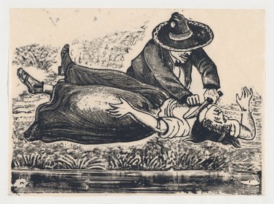 Francisco Guerrero, the waistcoat maker and cut throat, murdering a woman, ca. 19..., ca. 1905-1910.    1167162   pl       polish Successfully Translated  Original: Titelpagina voor Omnium pene Europae, Asiae, Aphricae, Americae gentium habitus Omnium pene autorstwa José Guadalupe Posada