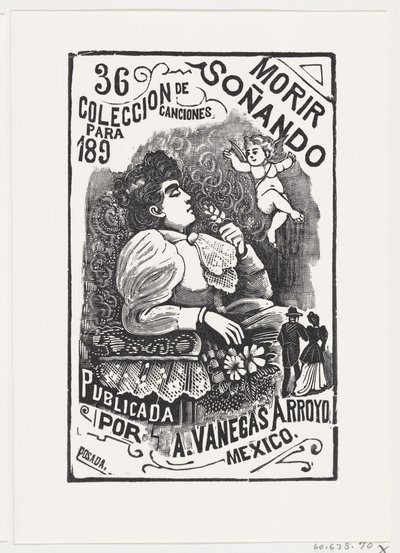 Profil kobiety siedzącej na krześle z odwróconą głową i trzymającej kwiat, il..., ca. 1890. autorstwa José Guadalupe Posada
