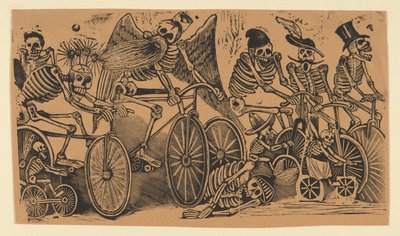 Szkielety kalaveras jeżdżące na rowerach, ca. 1900 r., ok. 1900 r. 1900. autorstwa José Guadalupe Posada