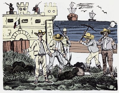 Rewolucja Meksykańska (1910-1920): Grupy więźniów przy pracy przymusowej - ksylografia Jose Guadalupe Posada (1852-1913) autorstwa José Guadalupe Posada