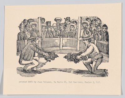 Dwóch mężczyzn na arenie trzymających koguty w przygotowaniu do walki, spe..., ok. 1890-1910 przedruk 1964. autorstwa José Guadalupe Posada
