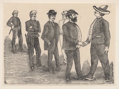 Dwóch mężczyzn ściskających sobie ręce na pierwszym planie i oficerów obserwujących ich w tle..., ok. godz. 1880-1910. autorstwa José Guadalupe Posada