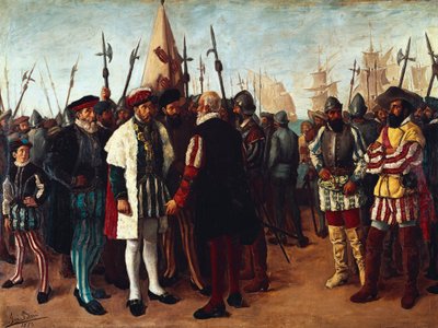 „Król francuski Franciszek I (1494-1547) w porcie Walencji” XIX wiek (obraz) autorstwa Jose Bru Albinana
