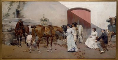 J.Cusachs y Cusachs, Pferdewechsel / Gemälde, 1901 autorstwa Jose Cusachs y Cusachs