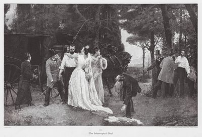 Przerwany pojedynek (kolorowa litografia) autorstwa Jose Garnelo y Alda