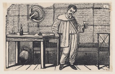 Mężczyzna ze szklanką w dłoni, spoglądający w dół i opierający się o stół, ilustracja z „El huérfano” autorstwa José Guadalupe Posada