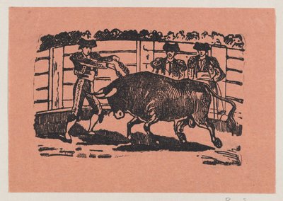 Ein Torero platziert Banderillas in die Schultern des Stiers, während zwei Männer hinter dem Stier stehen autorstwa José Guadalupe Posada