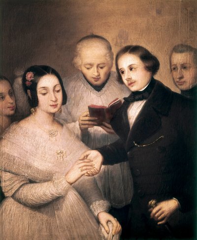 Romantyczny ślub. Obraz Jose Gutierreza De La Vega (1791-1865). Madryt. Muzeum romantyczne. autorstwa José Gutiérrez de la Vega