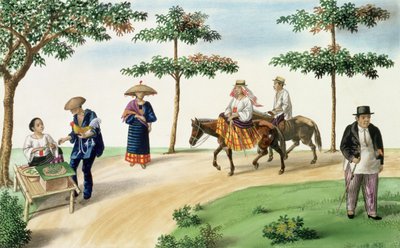 Scena uliczna z „Albumu widoków Flebusa w Manili i wokół niej”, ok. 1845 r. autorstwa Jose Honorato Lozano