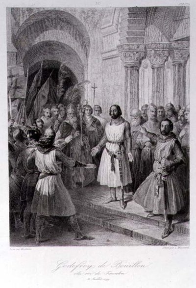 Godfrey z Bouillon (ok.1060-1100) wybrany na króla Jerozolimy, grawerowany przez Leopolda Massarda (1812-89) (grawerowanie) autorstwa Jose de (after) Madrazo y Garreta