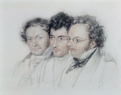Od lewej do prawej przyjaciele kompozytorów Johann Baptist Jenger (1793-1856), Anselm Huttenbrenner (1794-1868) i Franz Schubert (1797-1828), pastel Josefa Teltschera autorstwa Josef Eduard Teltscher