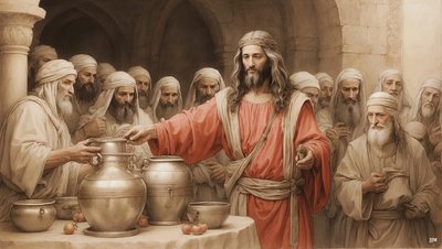 Jezus_mówi sługom_napełnić dzbany wody_Wesele w Kanaanie_01 autorstwa Josef Johann Michel