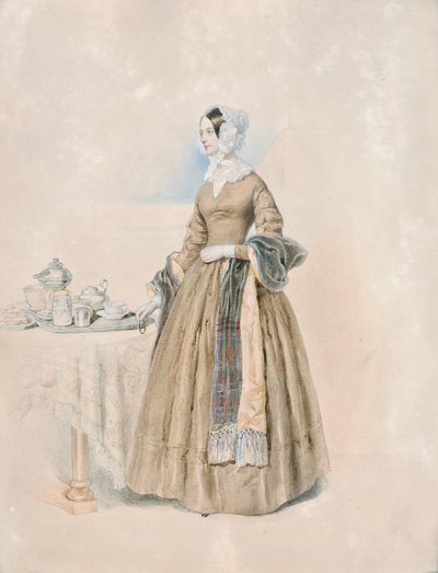Portret księżniczki Leopoldine Karoline Palffy, z domu hrabiny Kaunitz-Rietberg (żony trzeciego księcia Antona Karla Palffy), stojącej przy nakrytym stoliku do herbaty autorstwa Josef Kriehuber