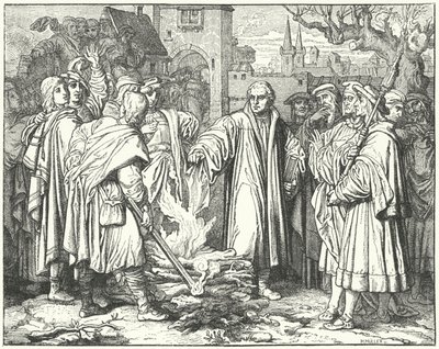 Marcin Luter palący bullę papieską w Wittenberdze, 1520 autorstwa Josef Mathias Trenkwald