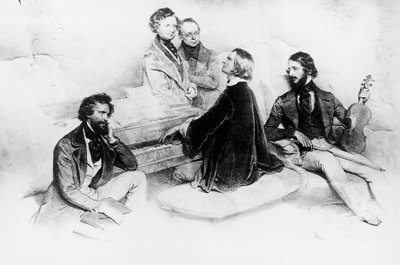 Poranek w domu Liszta, od lewej do prawej, Kriehuber, kompozytor Hector Berlioz (1803-1869), Carl Czerny (1791-1857) Nauczyciel Liszta, Franz Liszt (1811-1866) i skrzypek Heinrich Wilhelm Ernst (1840-1865), Litografia autorstwa Josefa Kriehubera (1800-1876 autorstwa Josef Nikolaus Kriehuber