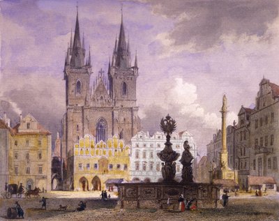 Fontanna Krocín, Praga, 1864 (kolorowa staloryt) autorstwa Josef Vojtech Hellich