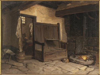 Wnętrze chaty (olej na papierze nałożony na masonit) autorstwa Josef Wilhelm Wallander