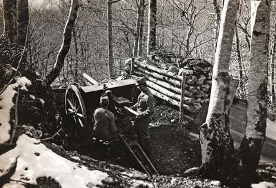 Album "Moja wojna światowa - wspomnienia Frontu Południowo-Zachodniego w Karyntii, Włochy, Trentino-Alto Adige) 31.03.1915-12.11.1918 - Josef Zohles Vienna": Żołnierze z armatą (b/w p autorstwa Josef Zohles