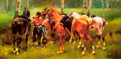 „Grupa huzarów i koni w lesie” Obraz Josepa Cusachsa i Cusachsa (1851-1908). 1905. autorstwa Josep Cusachs y Cusachs