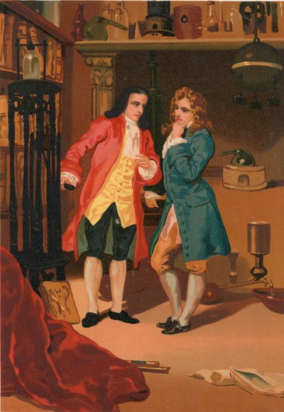 Robert Boyle i Denis Papin dokonują inspekcji komory fermentacji parowej firmy Papin autorstwa Josep or Jose Planella Coromina