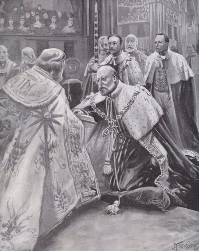 Król Edward VII składa przysięgę podczas koronacji, Westminster Abbey, Londyn autorstwa Joseph (after) Finnemore