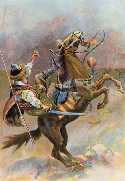 Robinson Crusoe: Koń zrzucił kamień nazębny i spadł na niego (kolor lito) autorstwa Joseph (after) Finnemore