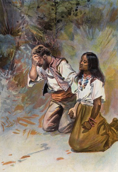 Robinson Crusoe: Oboje uklękli razem (kolor lito) autorstwa Joseph (after) Finnemore