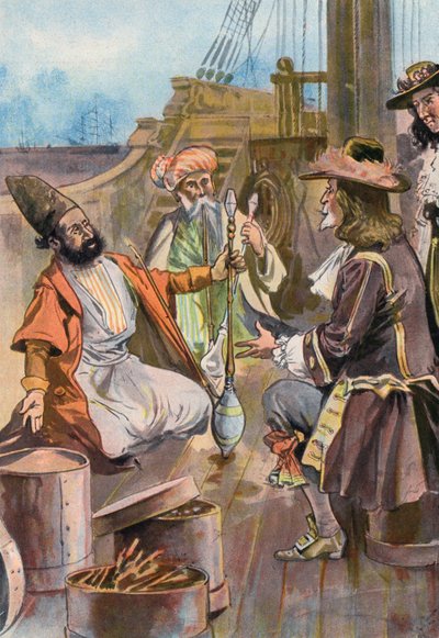 Robinson Crusoe: Sprzedajemy naszą przyprawę perskim kupcom (kolor lito) autorstwa Joseph (after) Finnemore