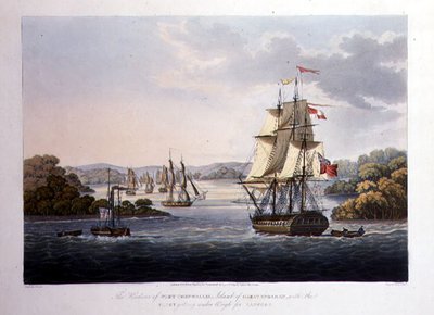 Port w Port Cornwallis. Wyspa Wielkiego Andamana, z flotą podważoną dla Rangun, grawerowaną przez G. Hunta, wyd. przez Kingsbury & Co., Londyn autorstwa Joseph (after) Moore