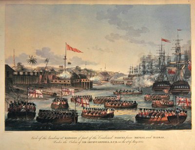 Widok lądowania w Rangunie części połączonych sił z Bengalu i Madrasu, pod rozkazami sir Archibalda Campbella, 11 maja 1825 r., ryty przez Henry