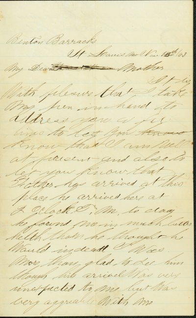 List podpisany Joseph A. Fardell, Benton Barracks, St. Louis, Mo. do Matki, 12 listopada 1863 autorstwa Joseph A. Fardell