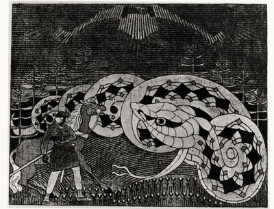 Seppo Llmarinen orka pole węży, ilustracja z „Kalevala” skompilowana i zredagowana Elias Lonnrot (1802-84) (rycina) (bw zdjęcie) autorstwa Joseph Alanen