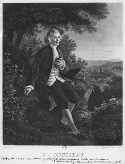 Jean-Jacques Rousseau komponujący „Emile” w dolinie Montmorency, ryty przez Hippolyte Huet (XIX w.) autorstwa Joseph Albrier