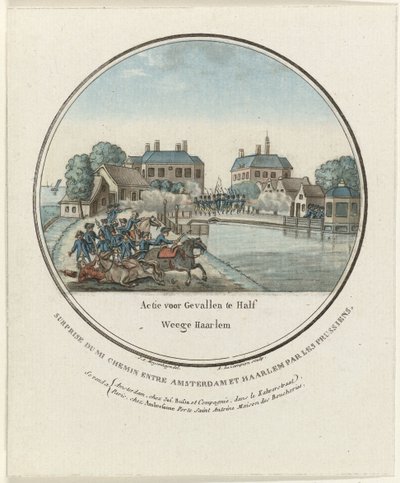 Atak w Halfweg, 1787 Action for Gevalle in Half Weege Haarlem / Surprise du mi chemin entre Amsterdam et Haarlem par les Prussiens (tytuł na obiekcie) Francuskie tablice z ataków pruskich na Amsterdam w 1787 roku (tytuł serii) autorstwa Joseph Alexandre Le Campion