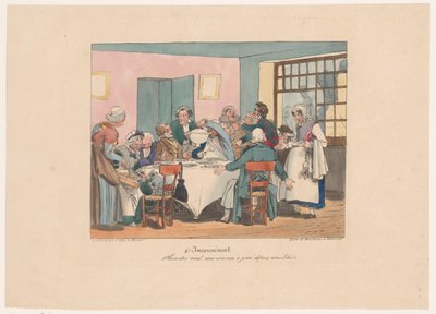 Gezelschap aan tafel aan het vasten Żartujesz? Pościmy od przedwczoraj (tytuł na obiekcie) Ongemakken (tytuł serii) Wada (tytuł serii na obiekcie) autorstwa Joseph Ambroise Jobard