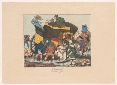 Omnibus z pasażerami utkniętymi w błocie Siła Dévouement (tytuł na przedmiocie) Dyskomfort (tytuł serii) Niewygodny (tytuł serii na obiekcie) autorstwa Joseph Ambroise Jobard