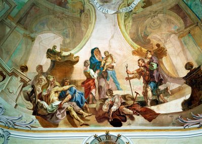 Fresk sufitowy w kościele w Birnau: bezpośrednio pod adoracją pasterzy autoportret artysty z zabandażowaną nogą... (fresk) autorstwa Joseph Anton (1696 1770) Feuchtmayer