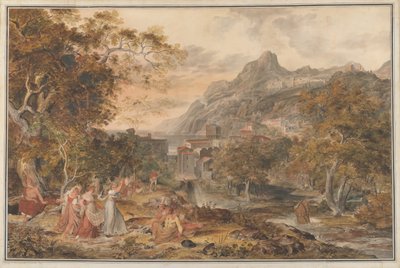 Widok Vietri z młodymi wiejskimi kobietami tańczącymi dla pasterzy na pierwszym planie, 1800. autorstwa Joseph Anton Koch