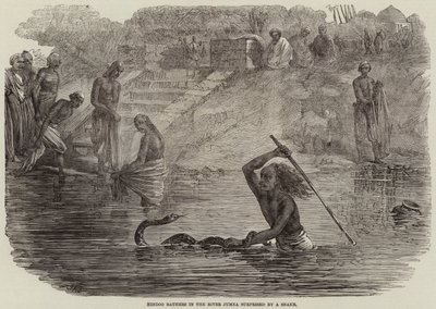 Hindusi kąpiący się w rzece Jumna zaskoczeni przez węża autorstwa Joseph Austin Benwell