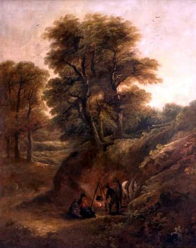 Zalesiony pejzaż z Cyganami wokół ognia (olej na płótnie) autorstwa Joseph Barker